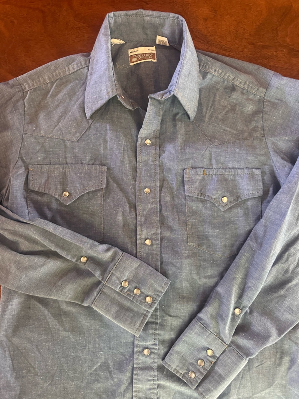 Vintage Sears Western Wear Chambray Shirt Mens Medium Pearl Snap Cowboy